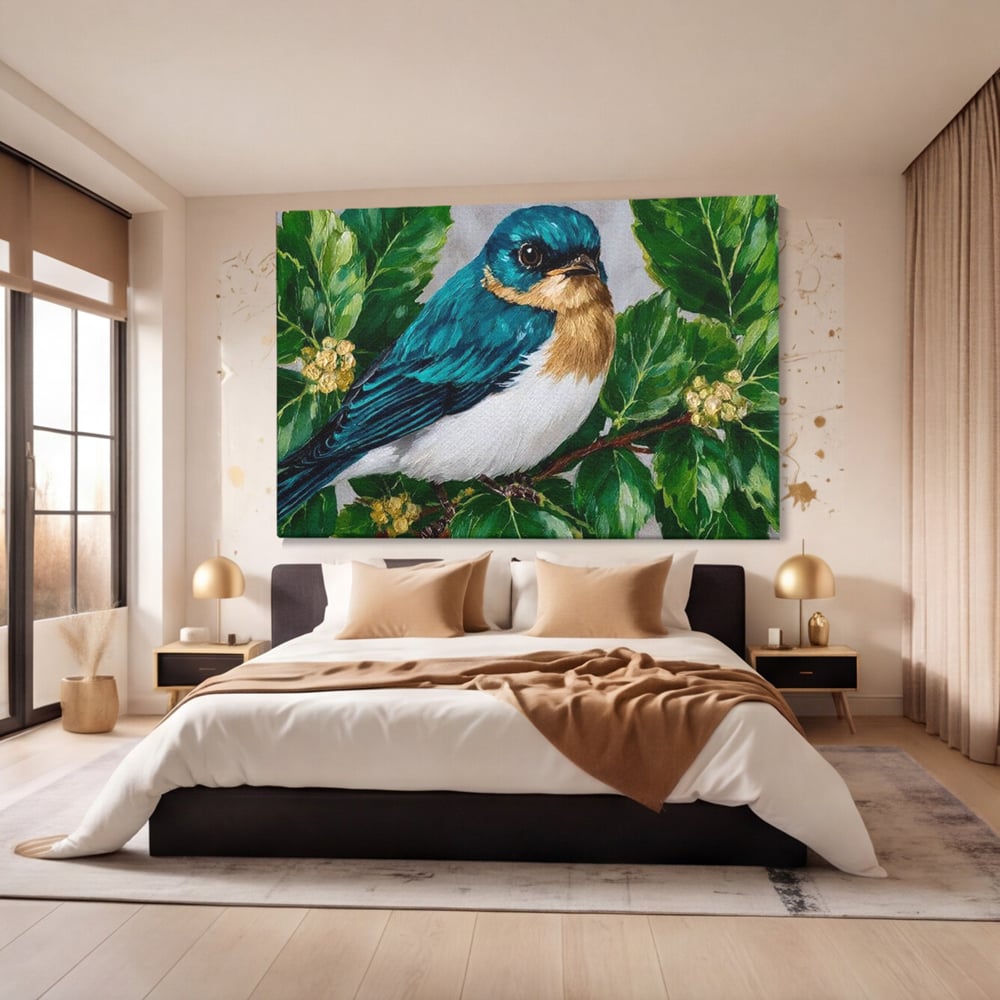 Tablou canvas cu tablou canvas cu pasare albastra printre frunze, fara rama, pe sasiu de lemn, pe perete intr-un dormitor